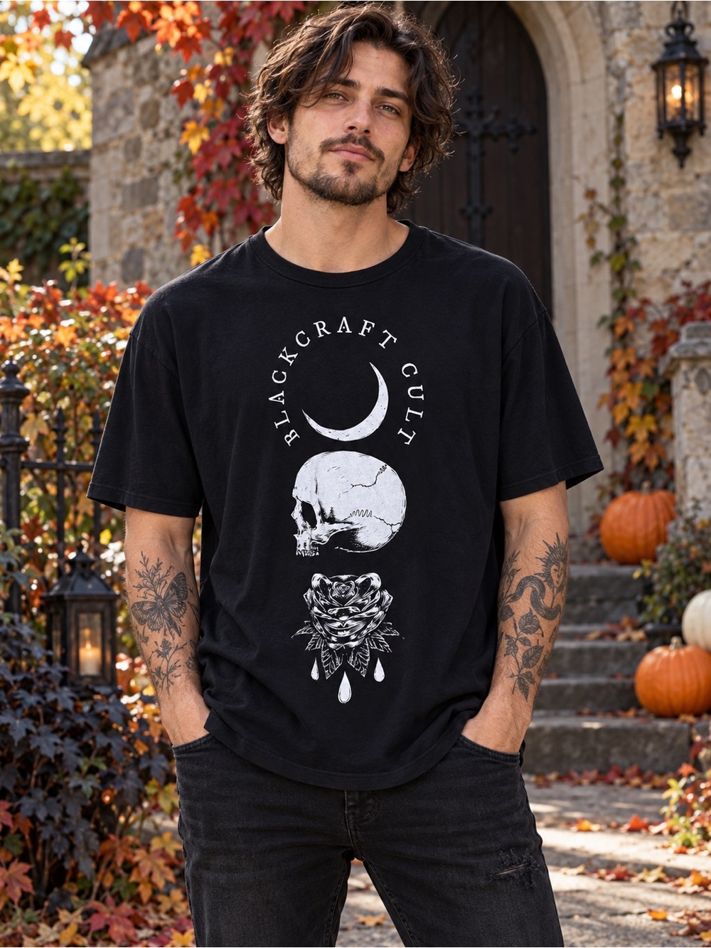 Blackcraft Cult Skull Moon Rose Graphic Tee | Unisex XL